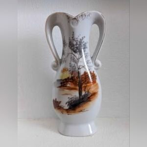 Vintage Porcelain Hand Painted Gold Trim Small Vase With Handles. Made in Japan.